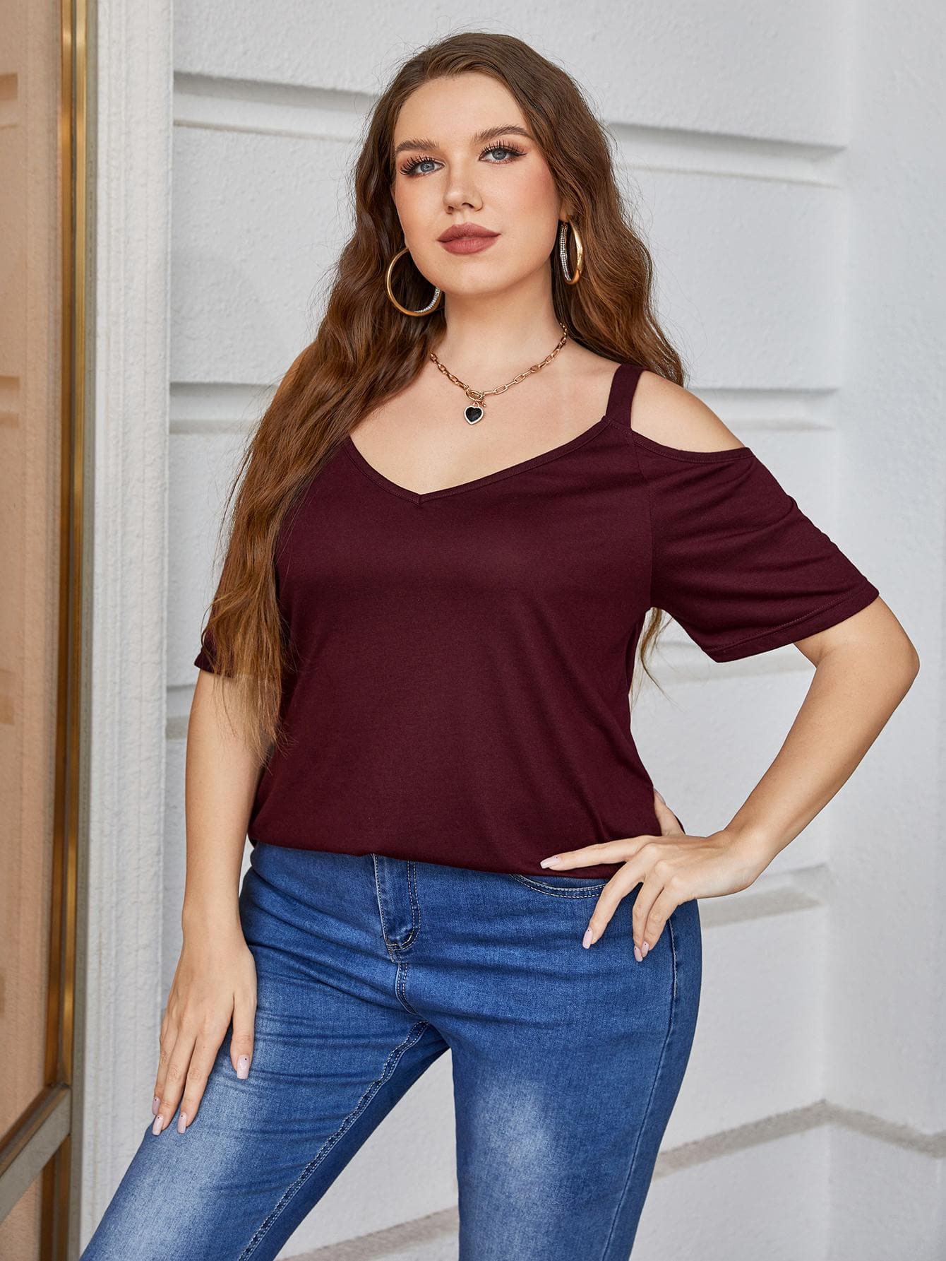 Plus Size V-Neck Cold-Shoulder Blouse.