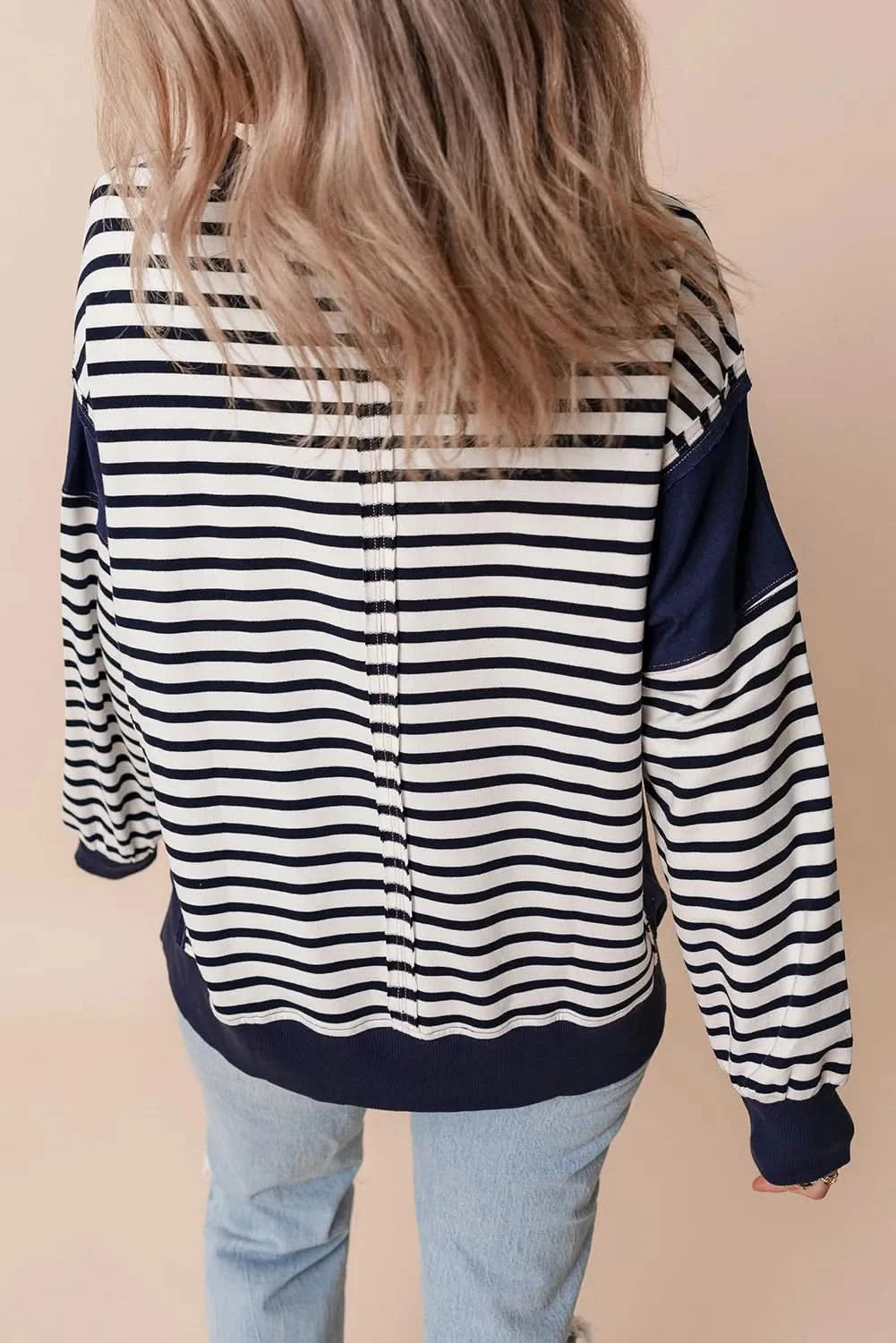 Chic striped long sleeve sweatshirt with exposed seams