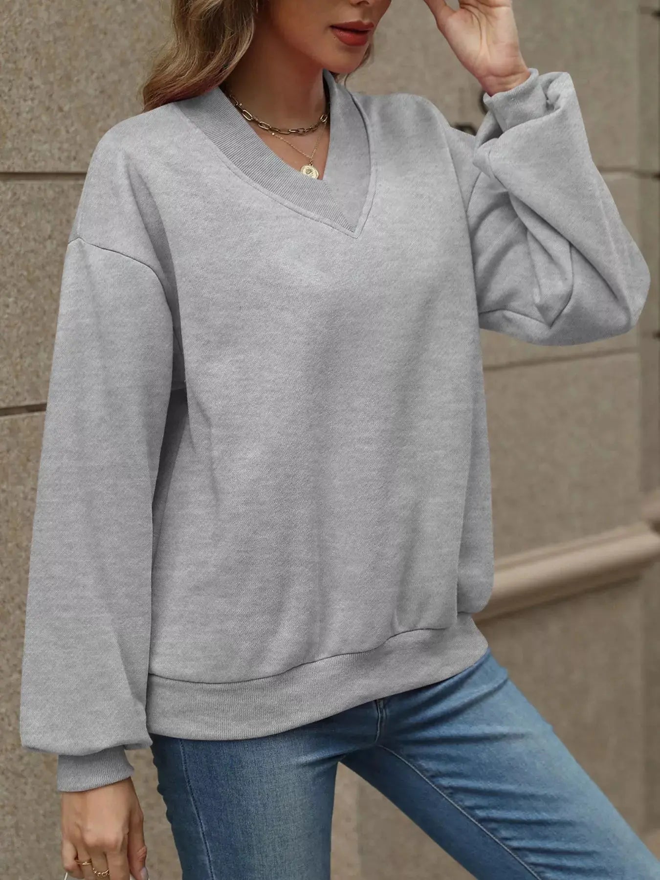 V-Neck Solid Color Casual Sweatshirt Simply Love