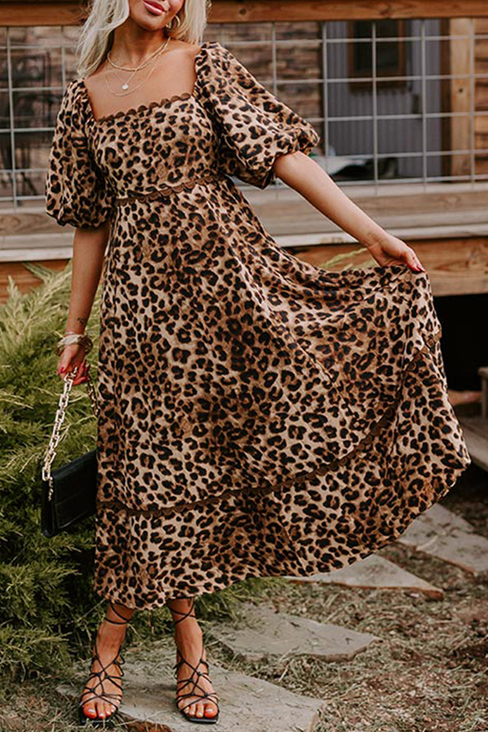 Brown Leopard Print Puff Sleeve Ricrac Maxi Dress Divine Design4U