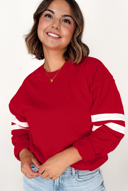 Fiery Red Varsity Striped Detail Crew Neck Plus Sweatshirt