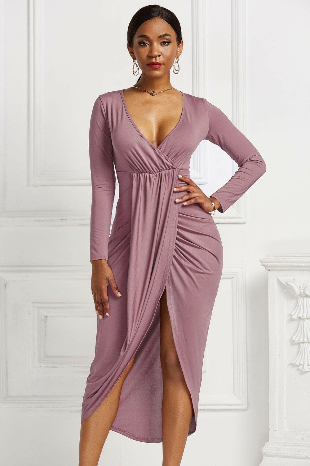 High-low Ruched Surplice Long Sleeve Dress.