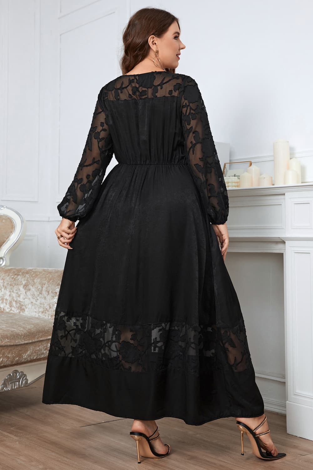 Melo Apparel Plus Size Embroidery Round Neck Long Sleeve Maxi Dress.