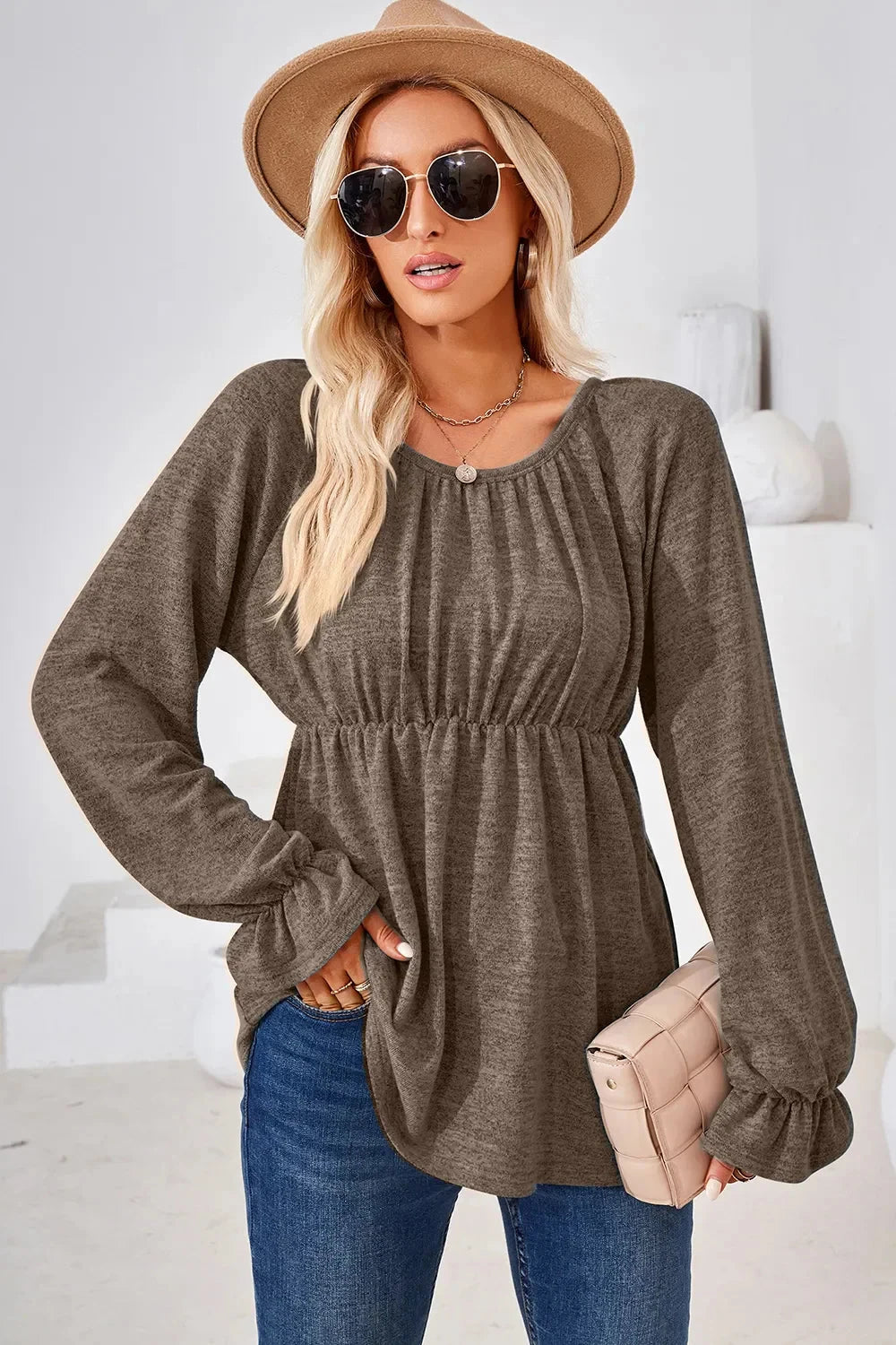 Ruched Round Neck Flounce Sleeve Blouse Coco’s Tee Boutique