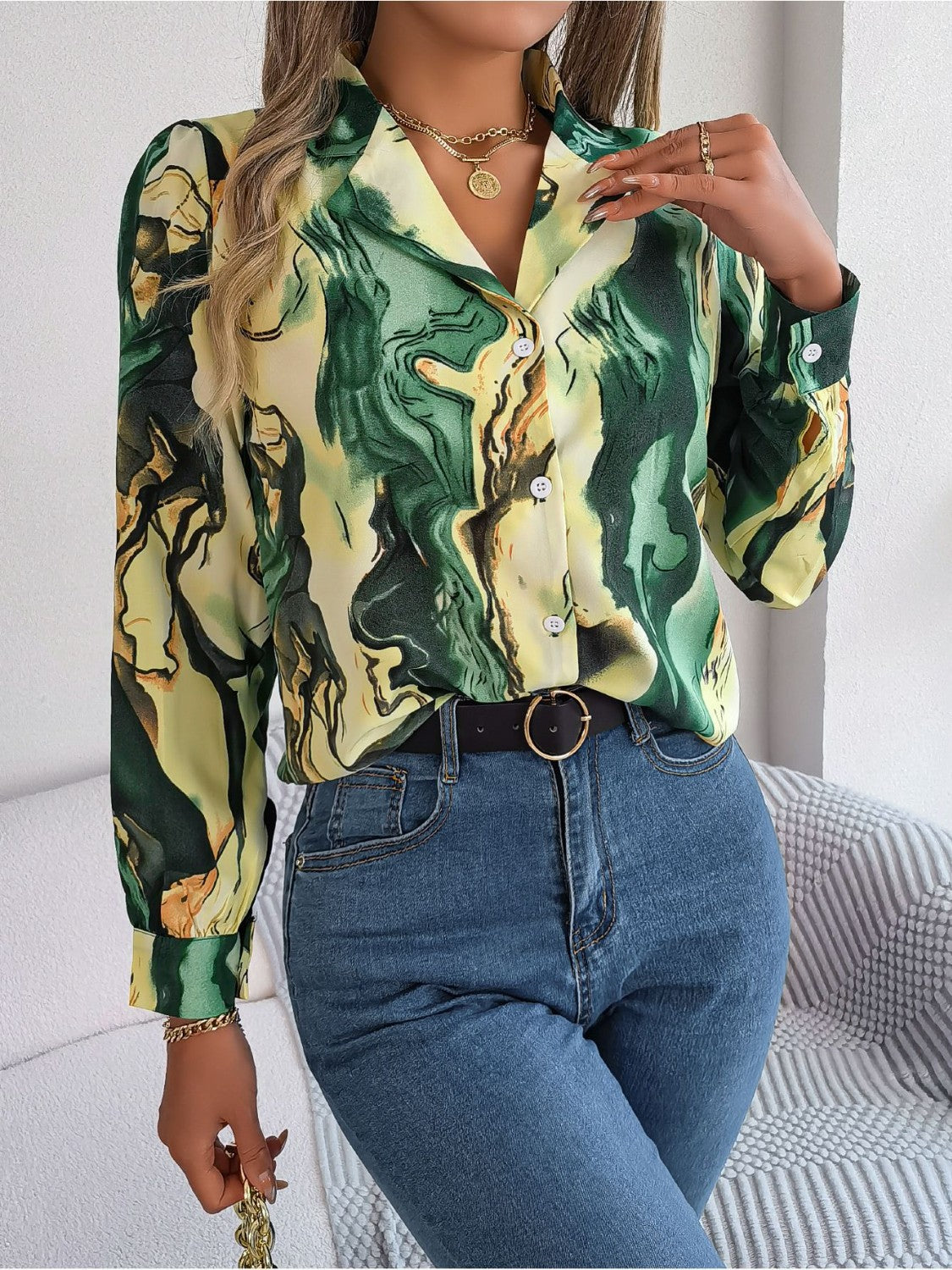 Printed Button Up Long Sleeve Shirt Coco’s Tee Boutique