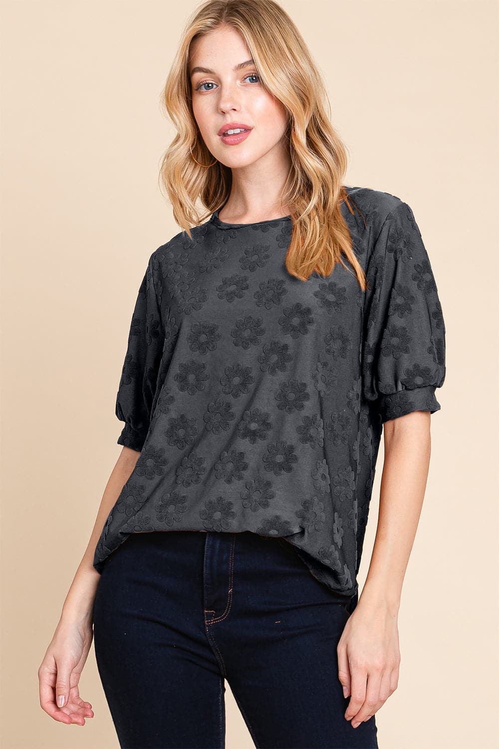 BOMBOM Textured Floral Pattern Top.