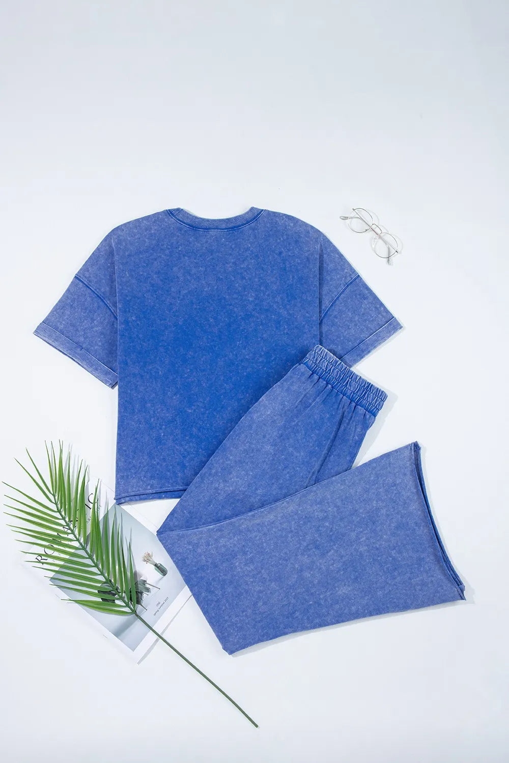 Acid Wash Star Patched Rolled Trim Top and Pants Set - Product back view by Simply Love