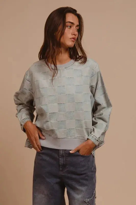 BiBi Mineral Washed Checkered Round Neck Denim Top - Love Salve 