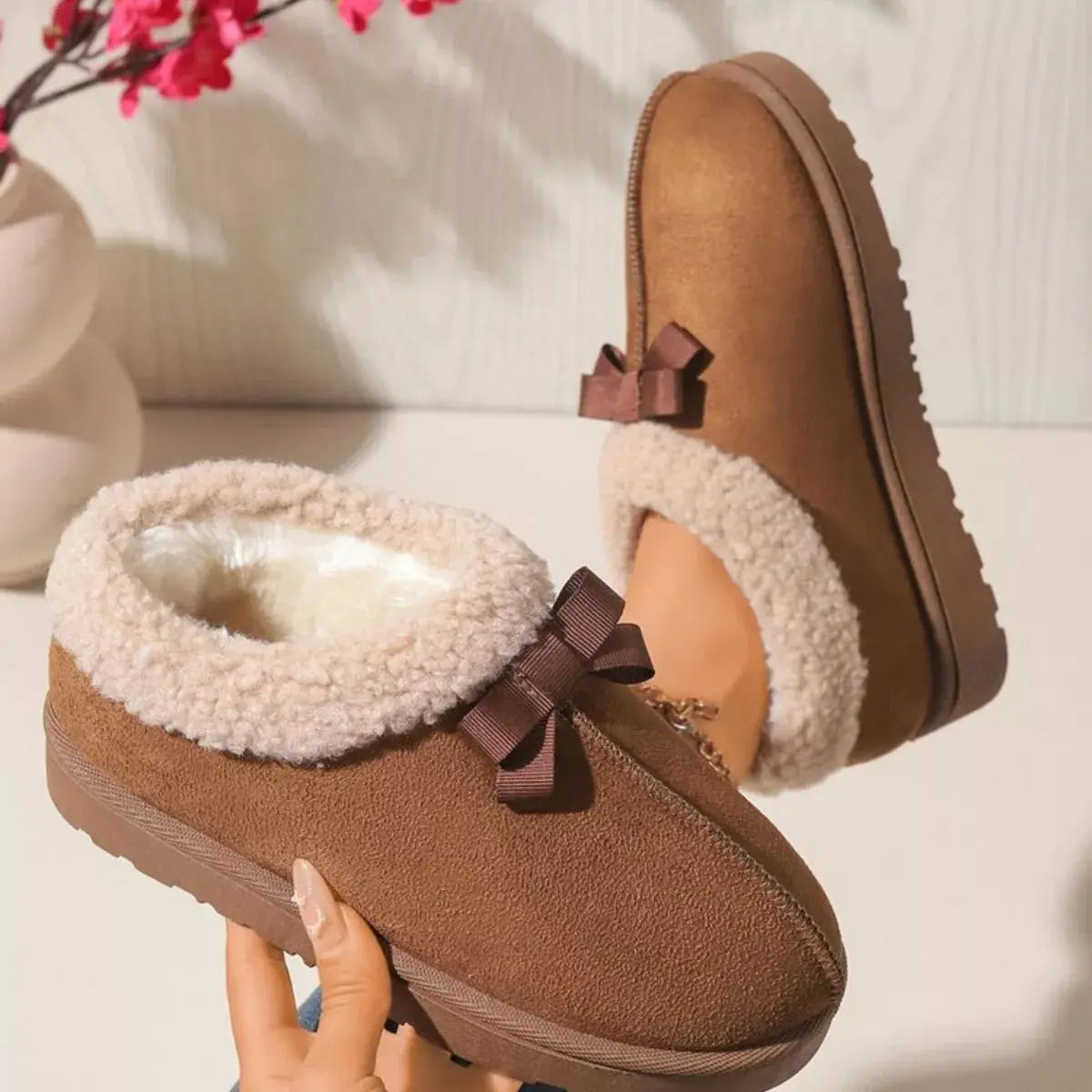 Cozy Bowknot Plush Lined Slip-Ons Simply Love