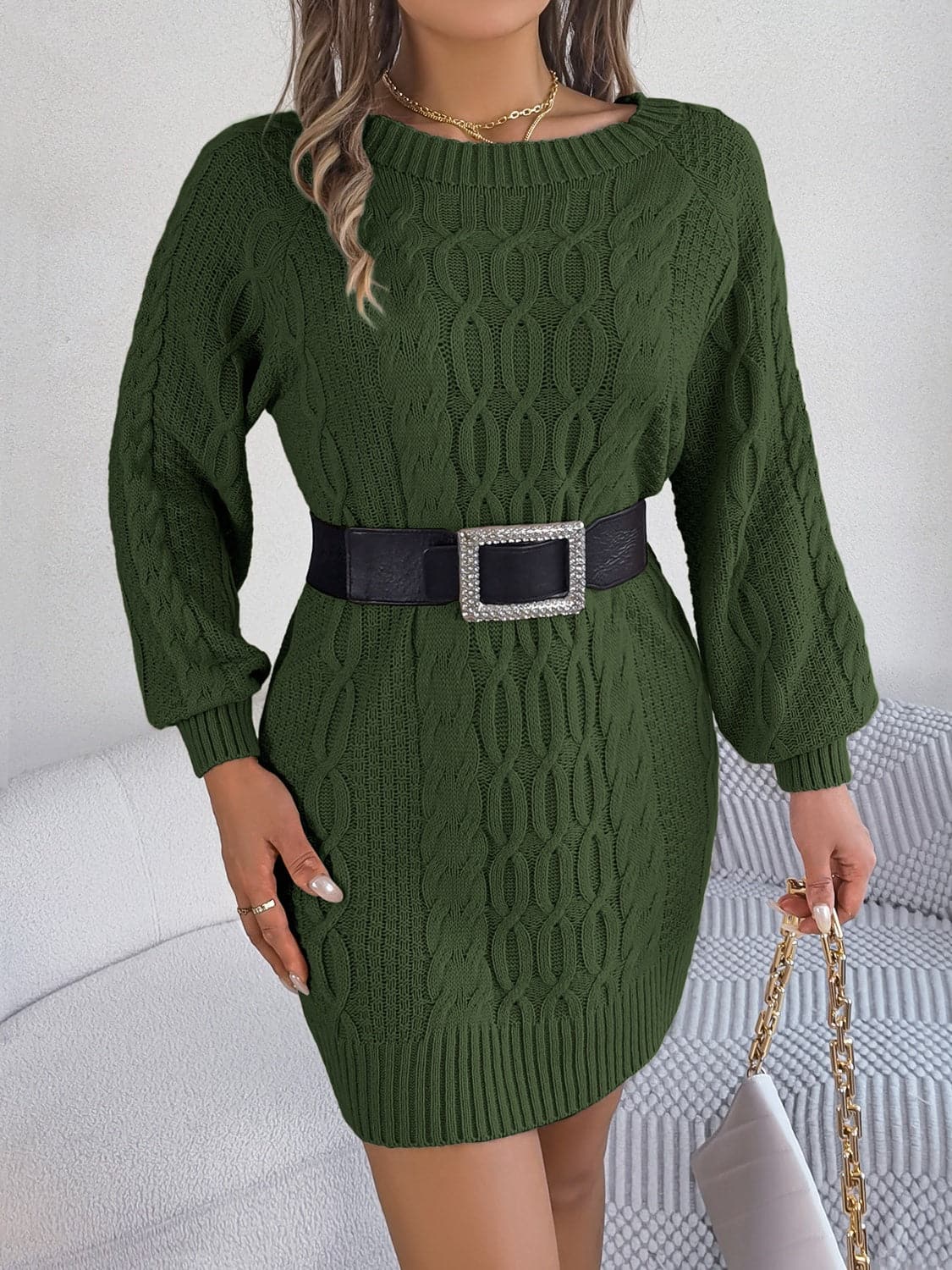 Cable-Knit Round Neck Sweater Dress.