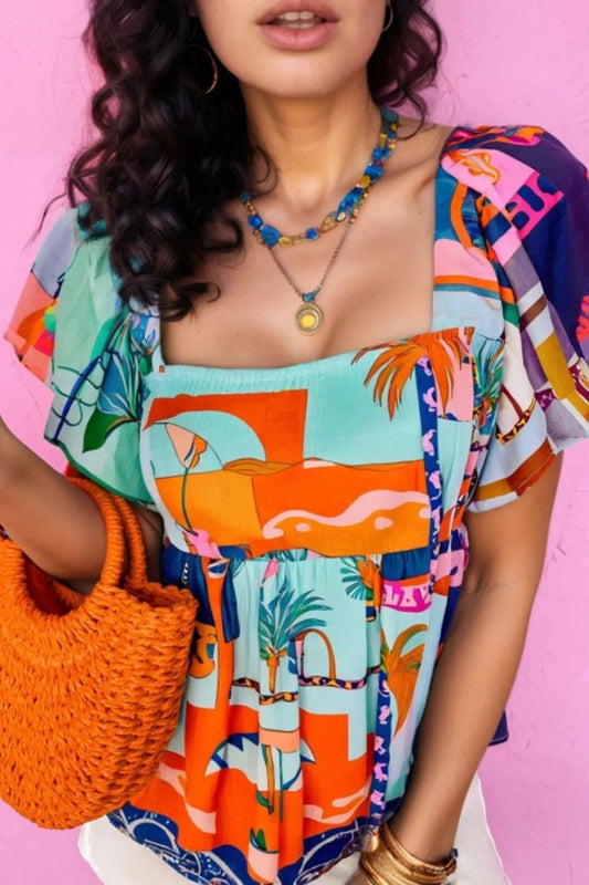 Printed Square Neck Ruffled Short Sleeve Blouse Simply Love