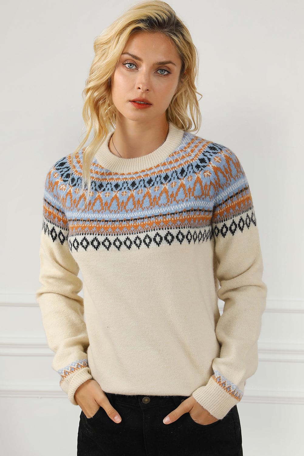 Geometric Round Neck Long Sleeve Sweater.