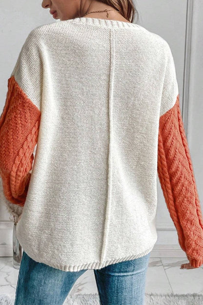 Color Block Round Neck Long Sleeve Sweater.