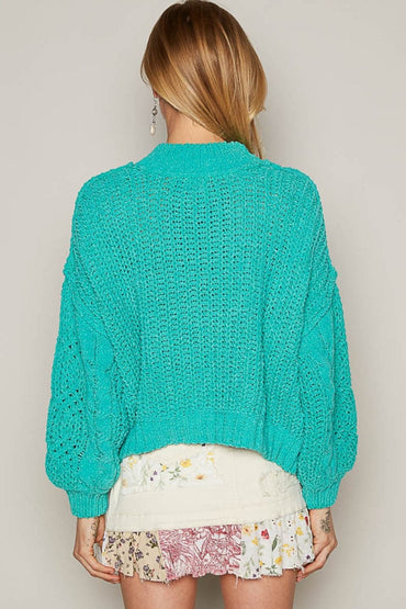 Cozy mock neck chenille cable knit sweater