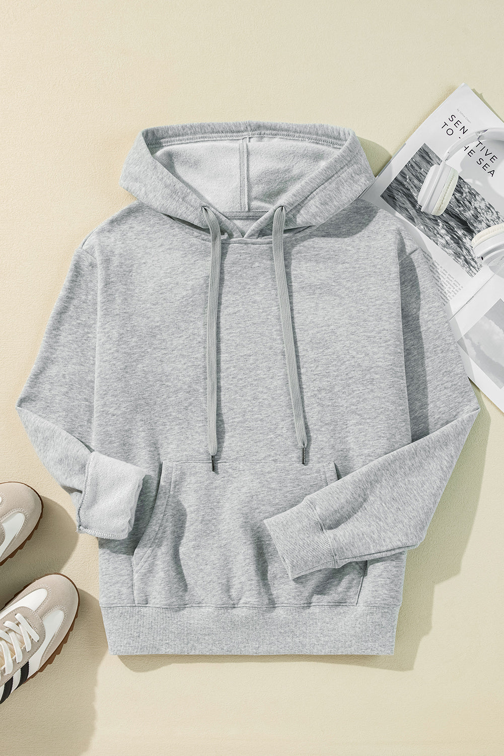 Light Grey Solid Color Fleece Lined Drawstring Hoodie with Pocket