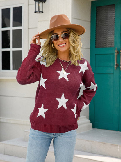 Star Round Neck Dropped Shoulder Sweater.