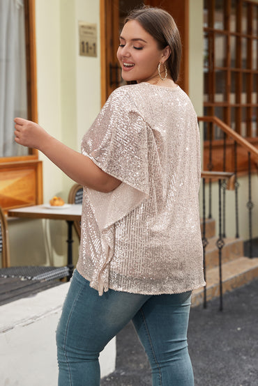 Sparkling apricot plus size V neck boxy top with sequined elegance