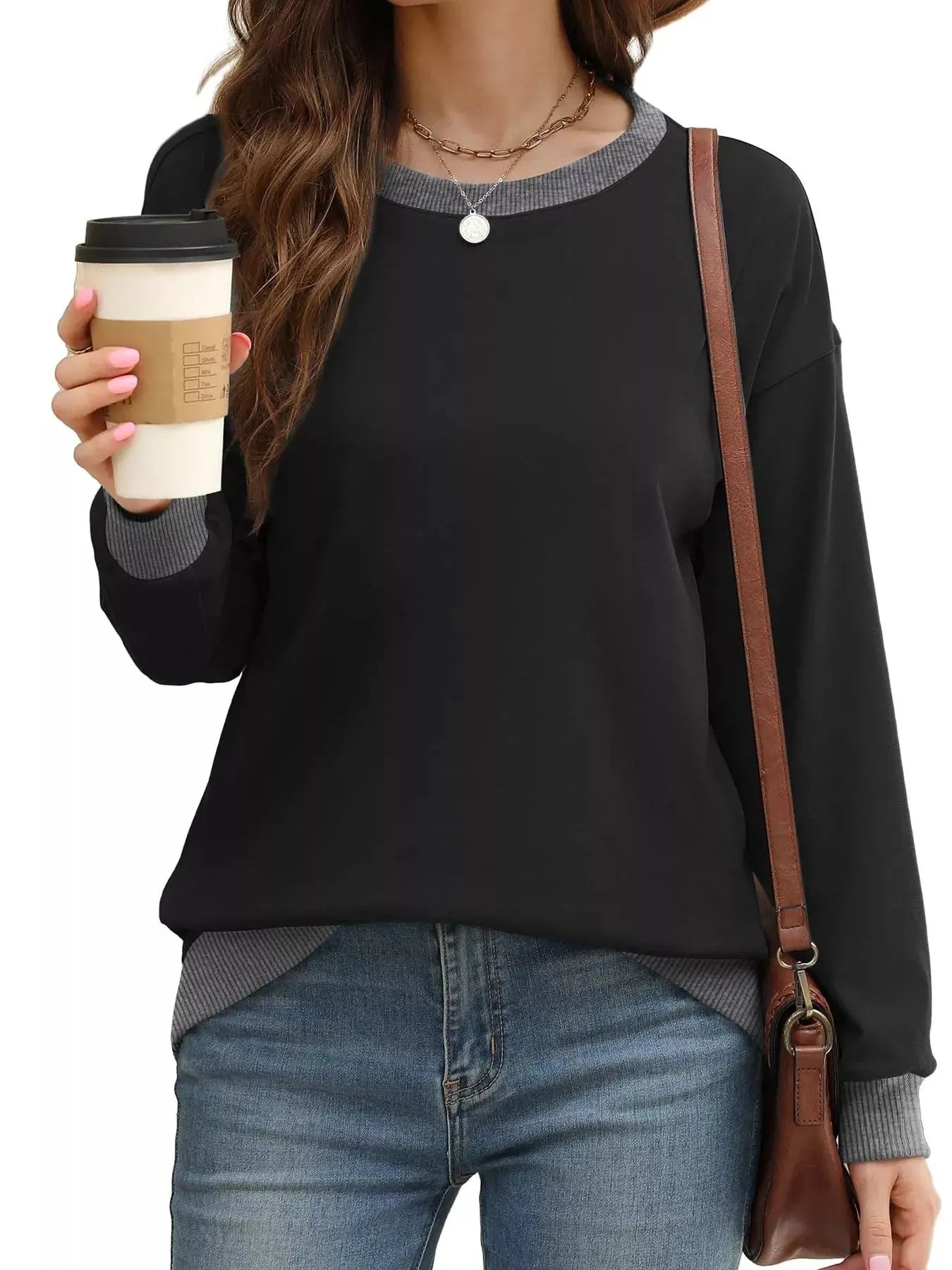 Contrast Trim Crew Neck Casual Sweatshirt Simply Love