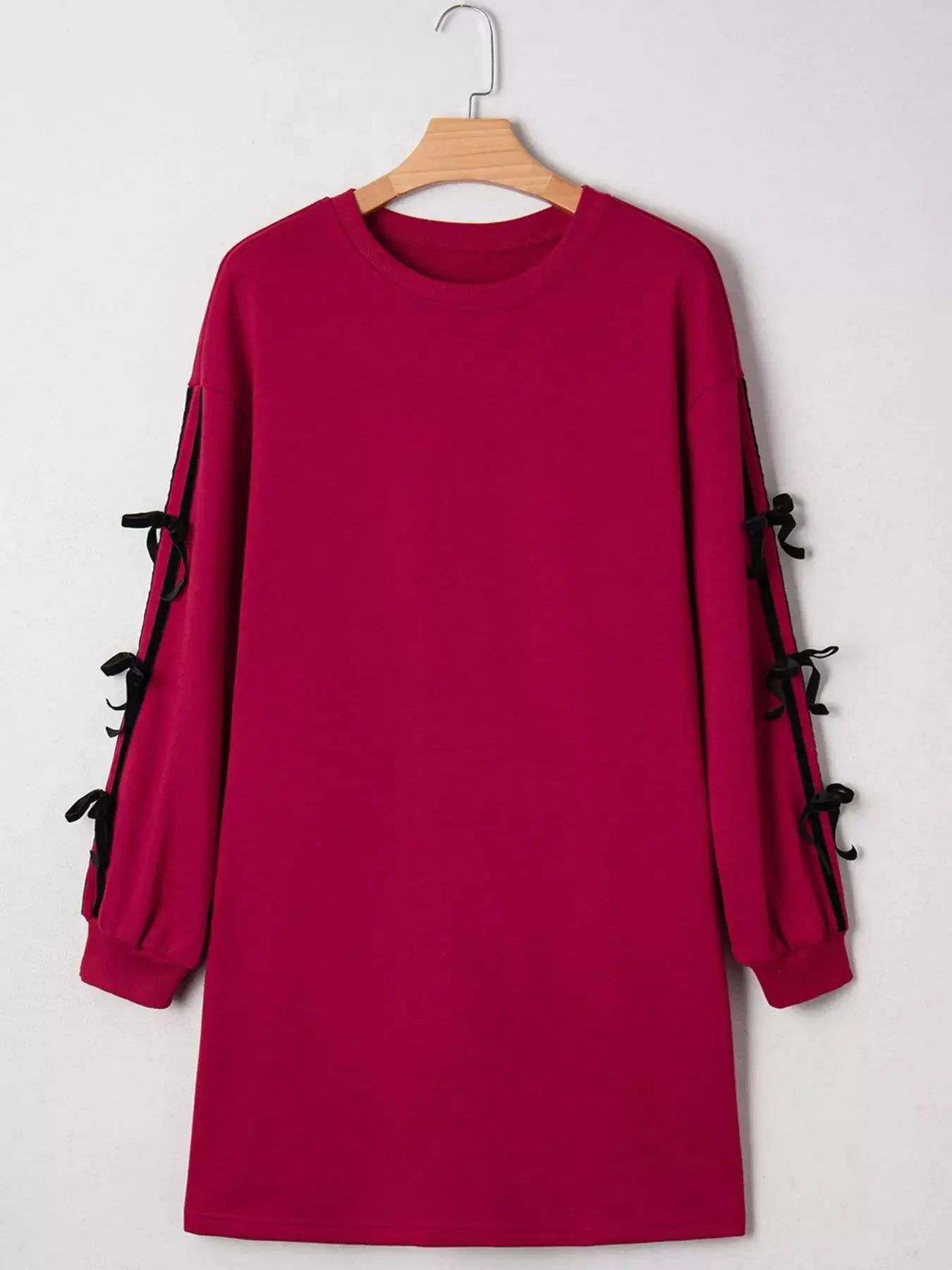 Contrast Striped Bow Detail Drop Shoulder Sweatshirt Dress with Pockets Simply Love
