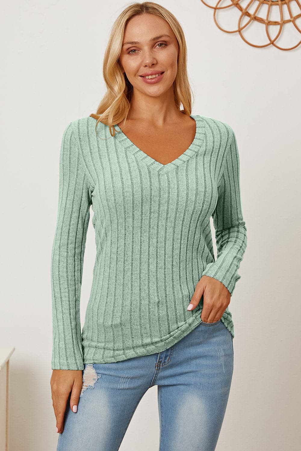 Versatile ribbed v-neck long sleeve tee for every occasion