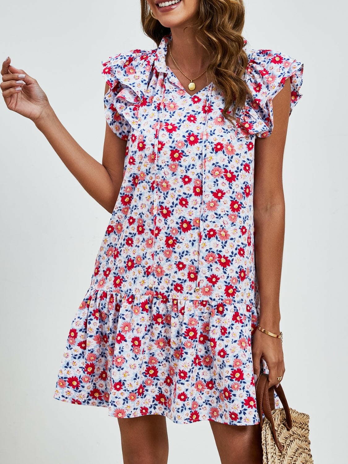 Tied Floral Cap Sleeve Mini Dress.