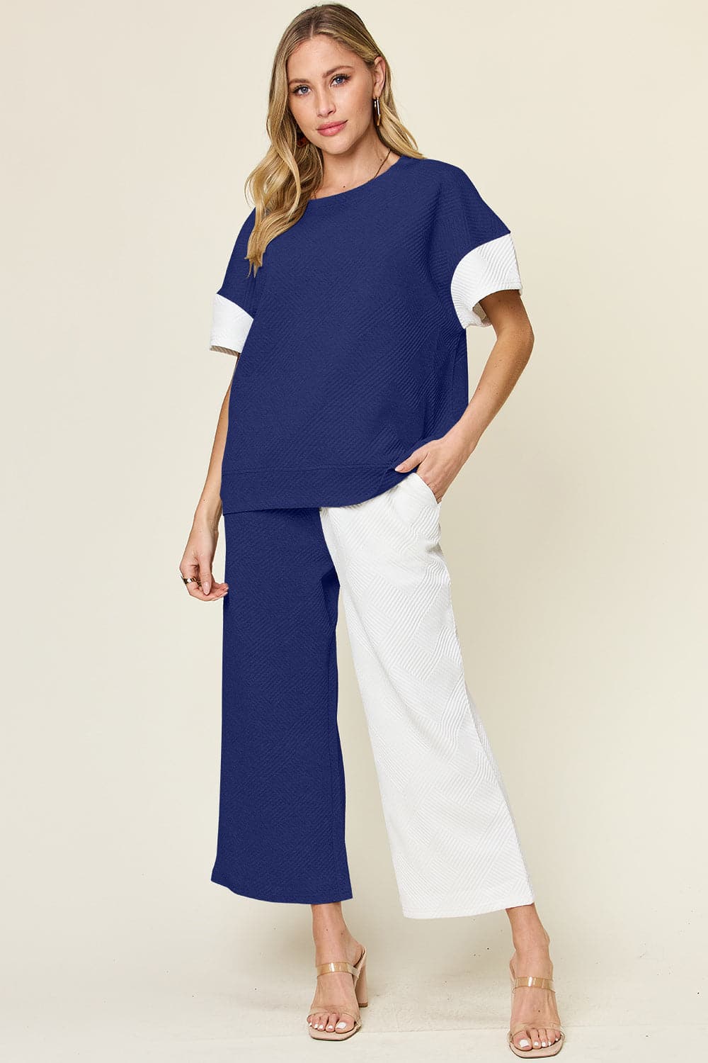 Double Take Full Size Texture Contrast T-Shirt and Wide Leg Pants Set.