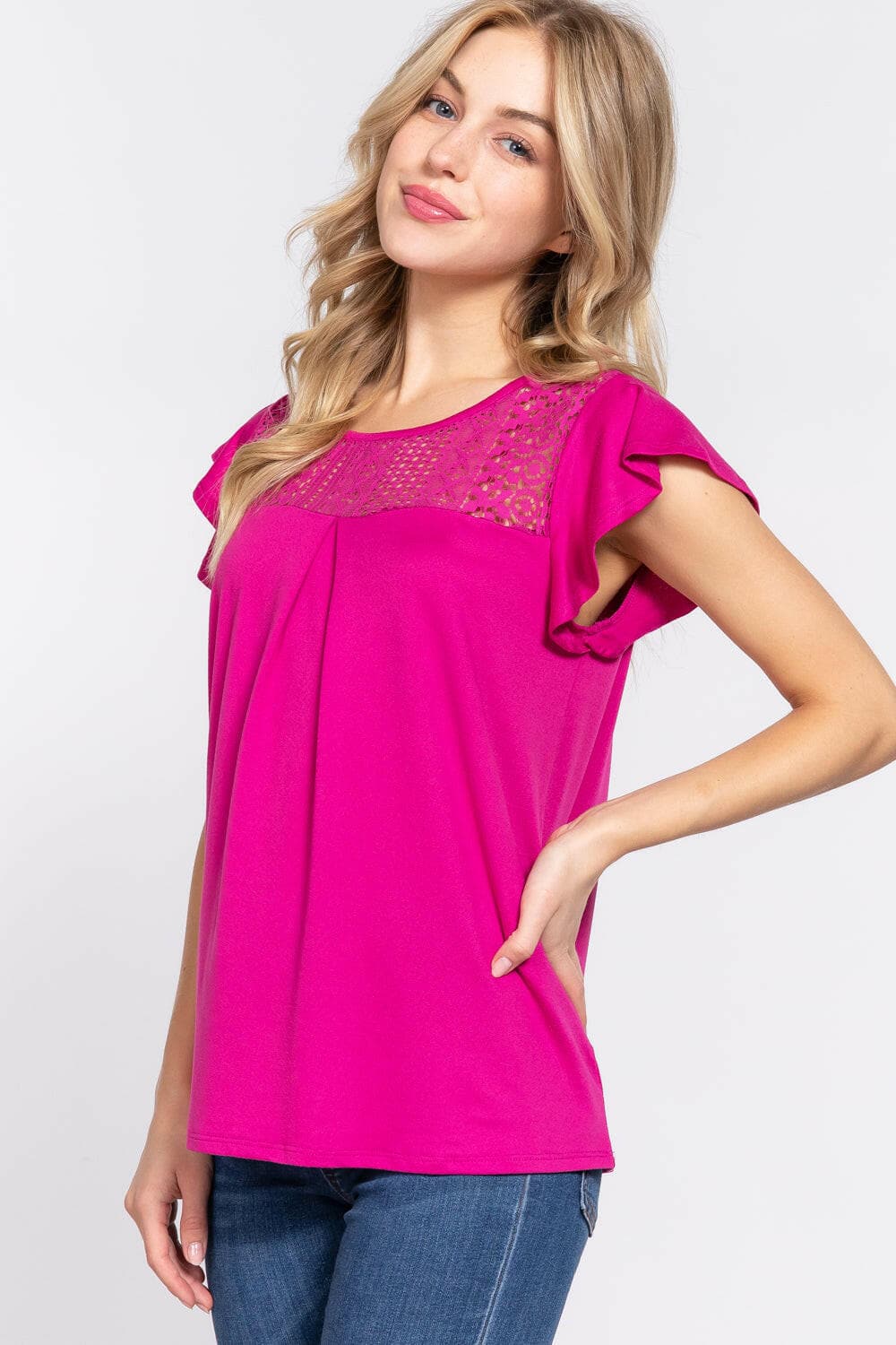 ACTIVE BASIC Ruffle Short Sleeve Lace Detail Knit Top.