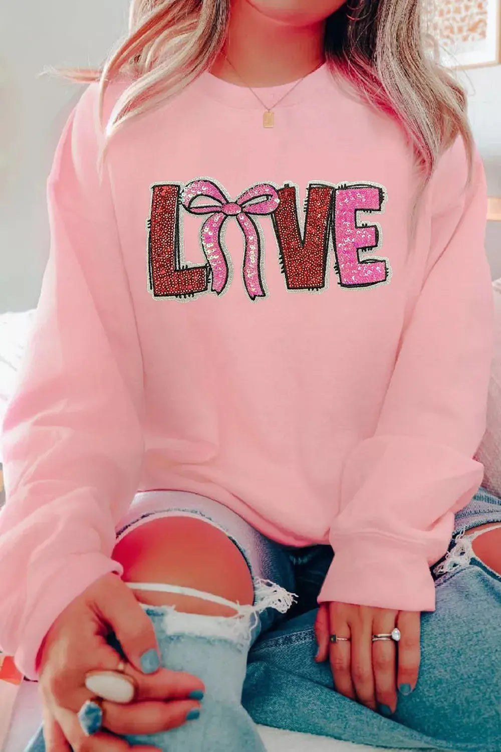 Bow Love Sequin Pattern Valentine Sweatshirt Simply Love