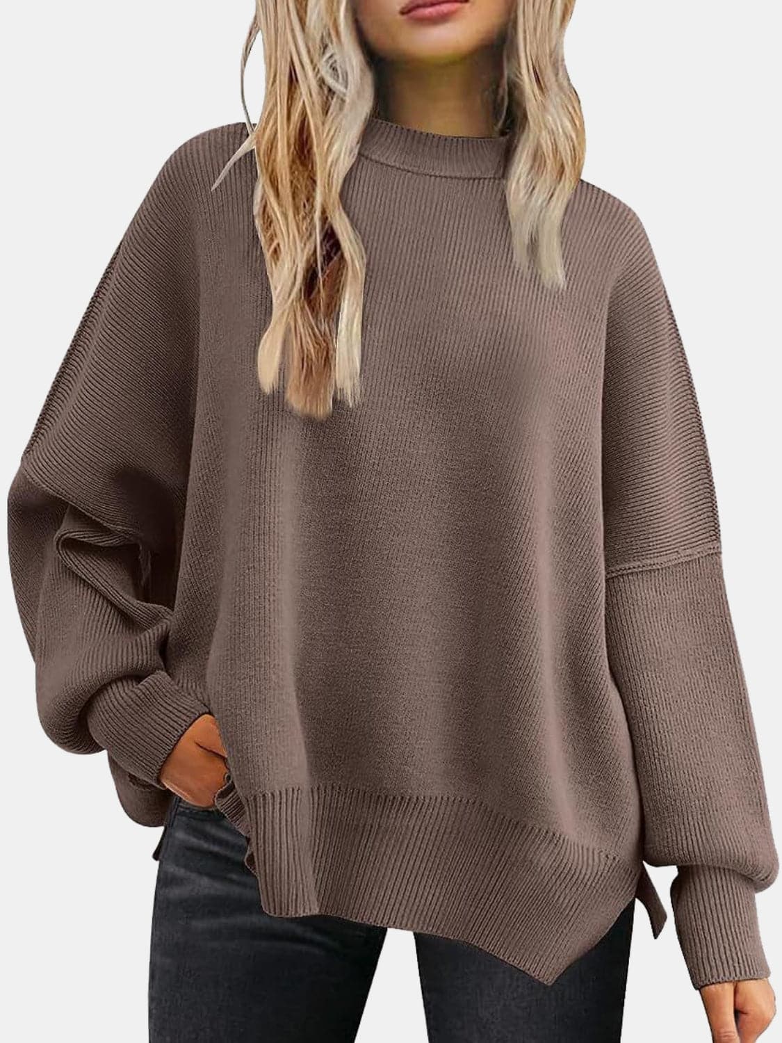 Round Neck Drop Shoulder Slit Sweater.