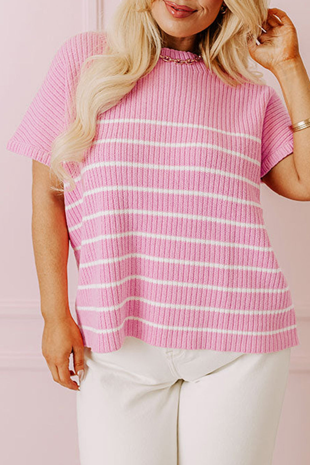 Chic pink striped ribbed plus-size tee for ultimate comfort