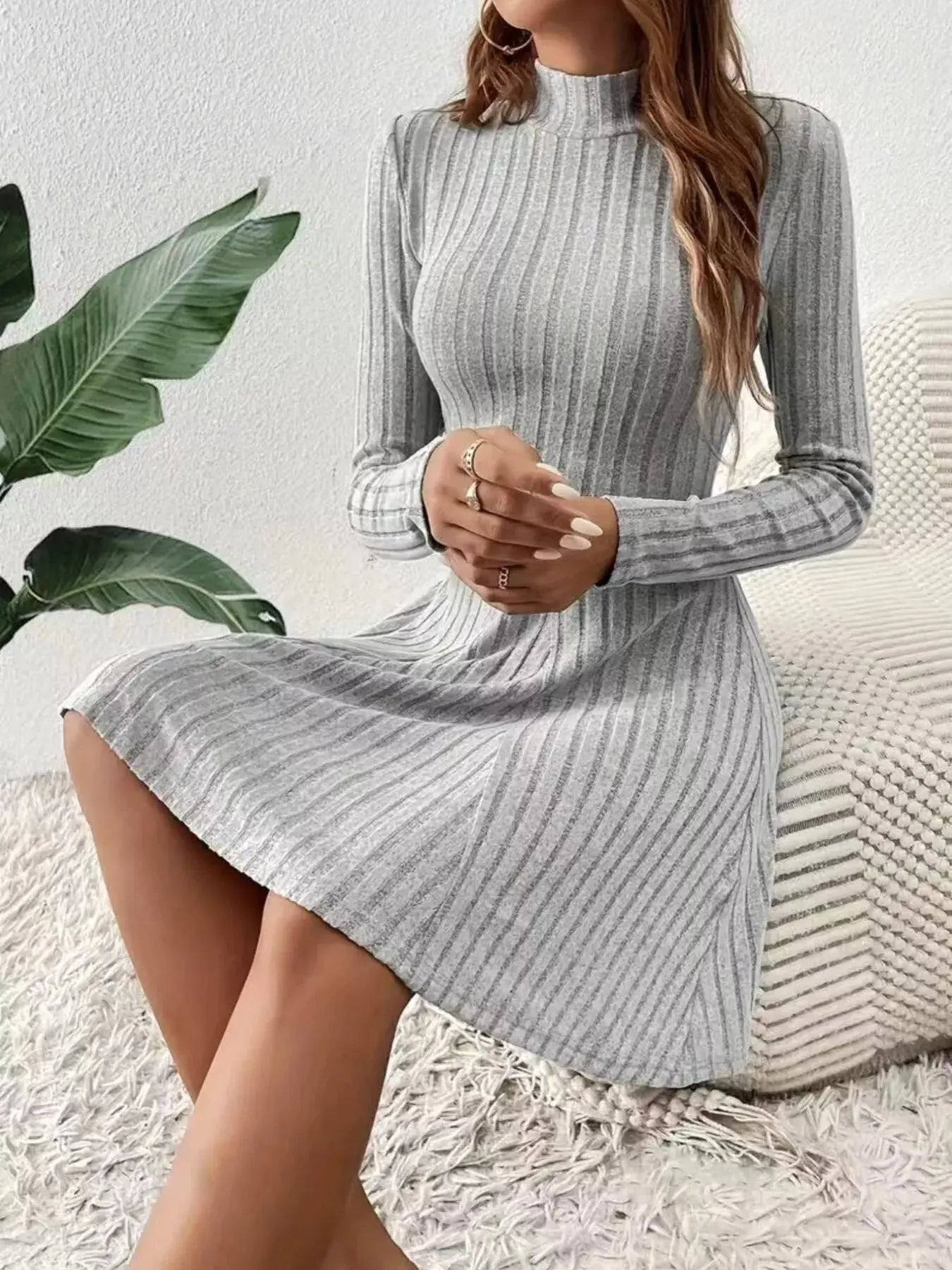 Ribbed Knit Mock Neck Long Sleeve Mini Dress Simply Love