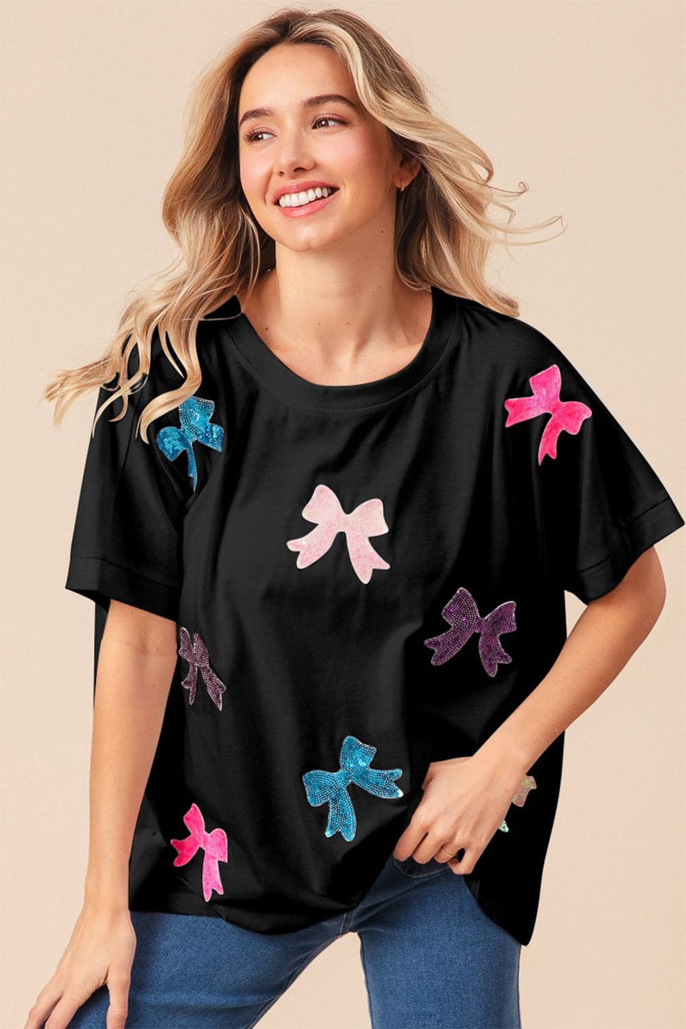 BiBi Sequin Bow Patch Short Sleeve T-Shirt.