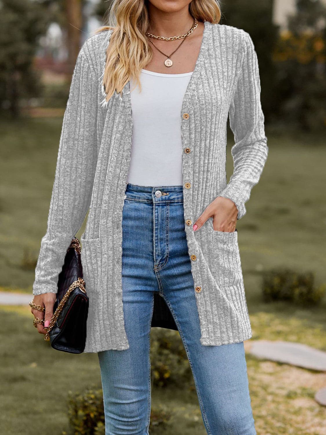 Ribbed Button Up Long Sleeve Cardigan.