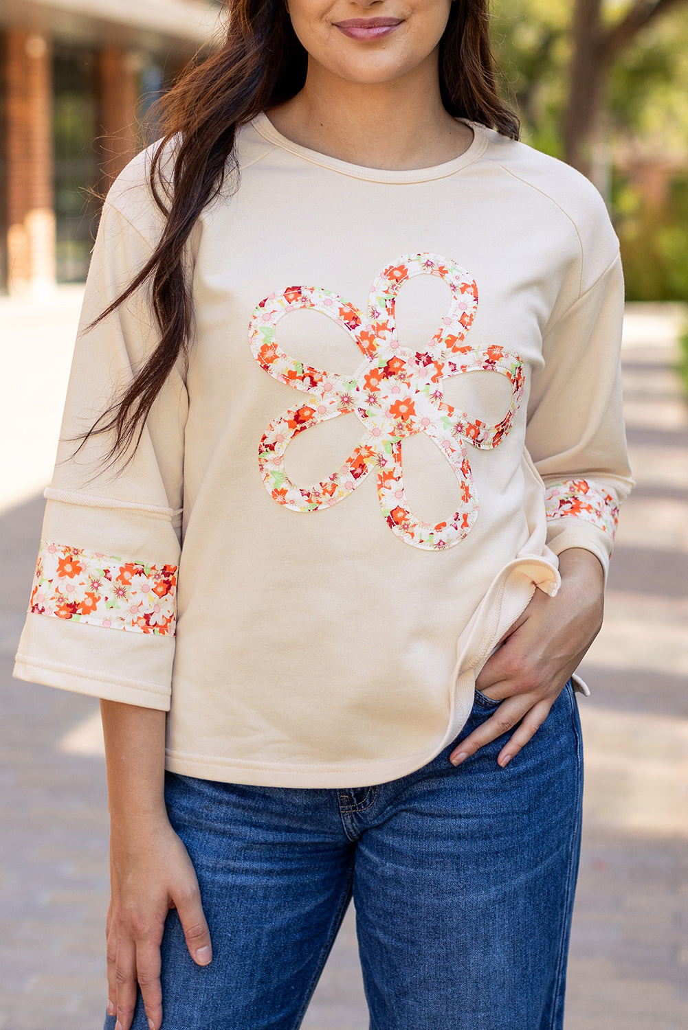 Beige floral wide sleeve top