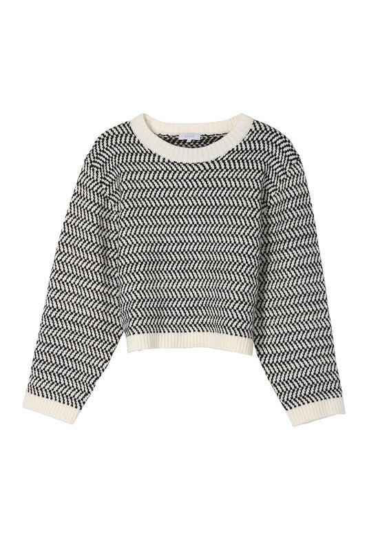 Chic herringbone crew neck sweater for effortless style