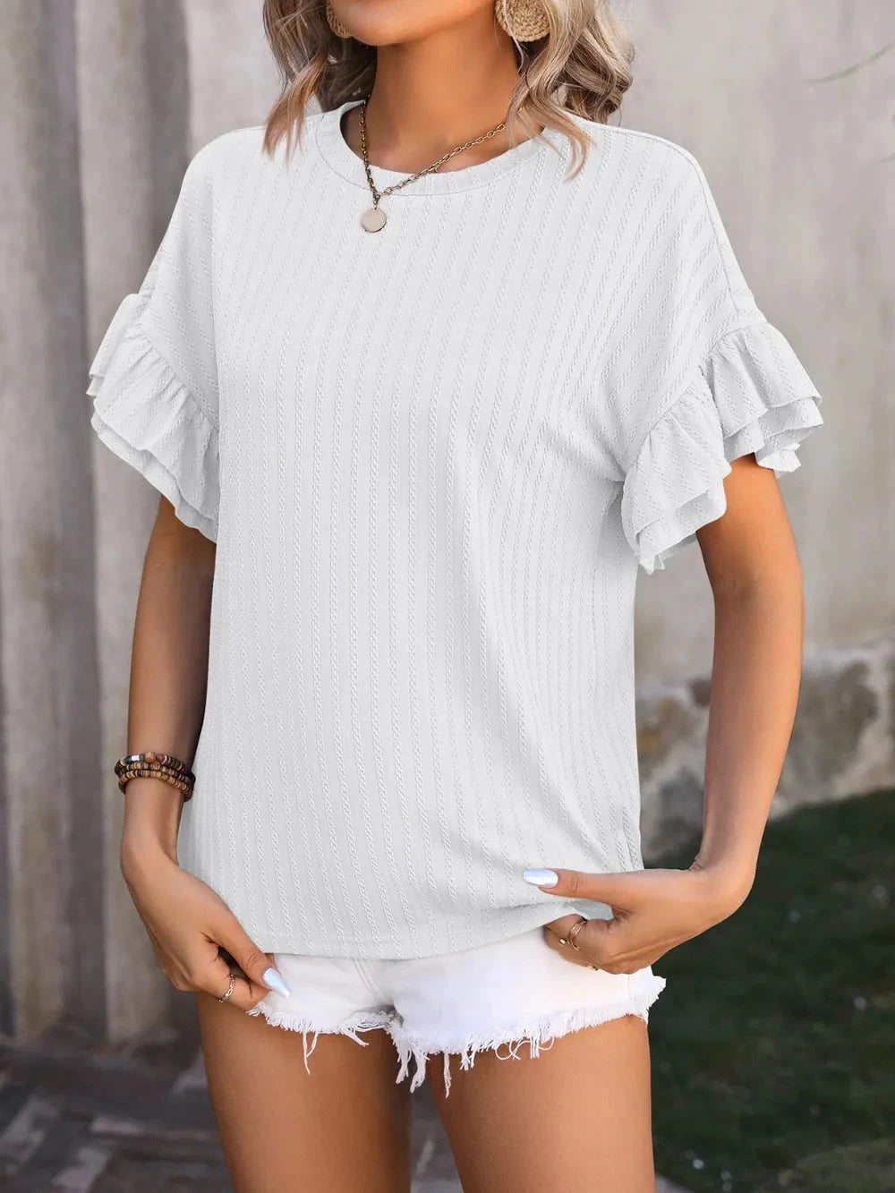 Mandy Ruffled Round Neck Short Sleeve Blouse Coco’s Tee Boutique