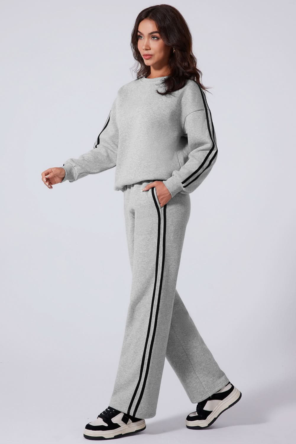 Athletic Two-Piece Set with Side Stripes and Round Neck Design