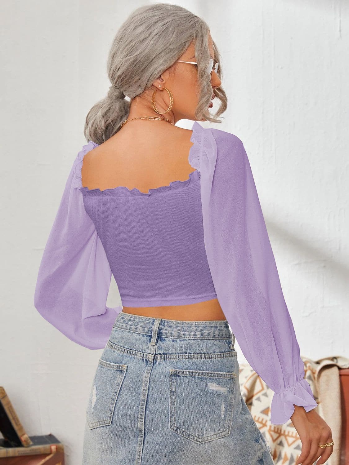 Mesh Sweetheart Neck Flounce Sleeve Top.