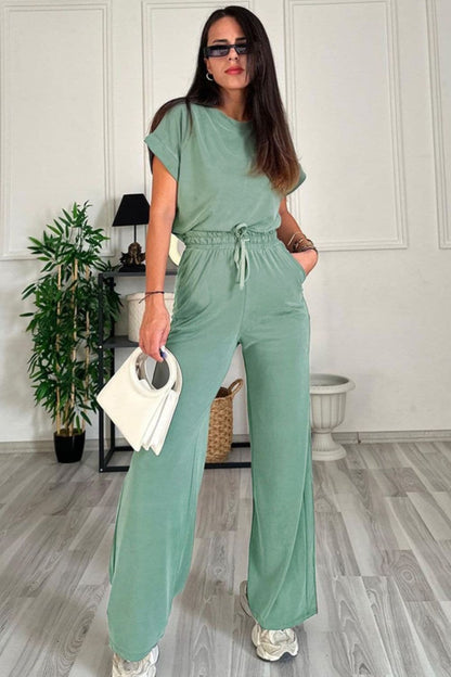 Round Neck Short Sleeve Top and Drawstring Pants Set.