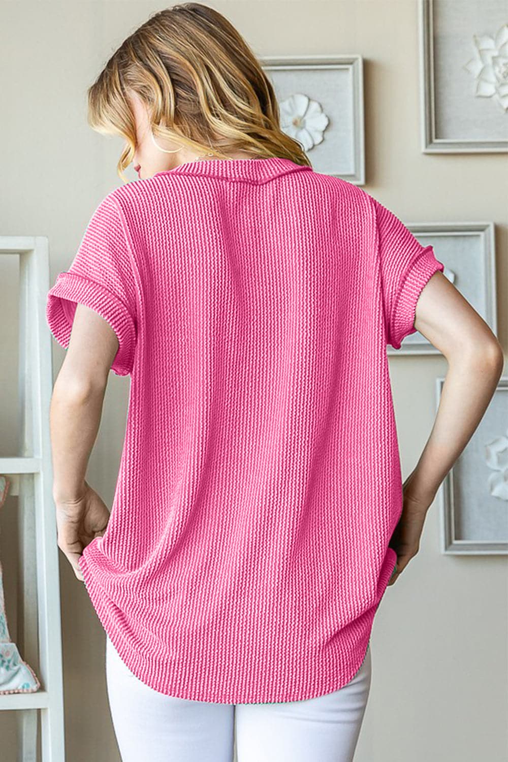 Heimish Full Size Front Pocket Short Sleeve Ribbed Top.