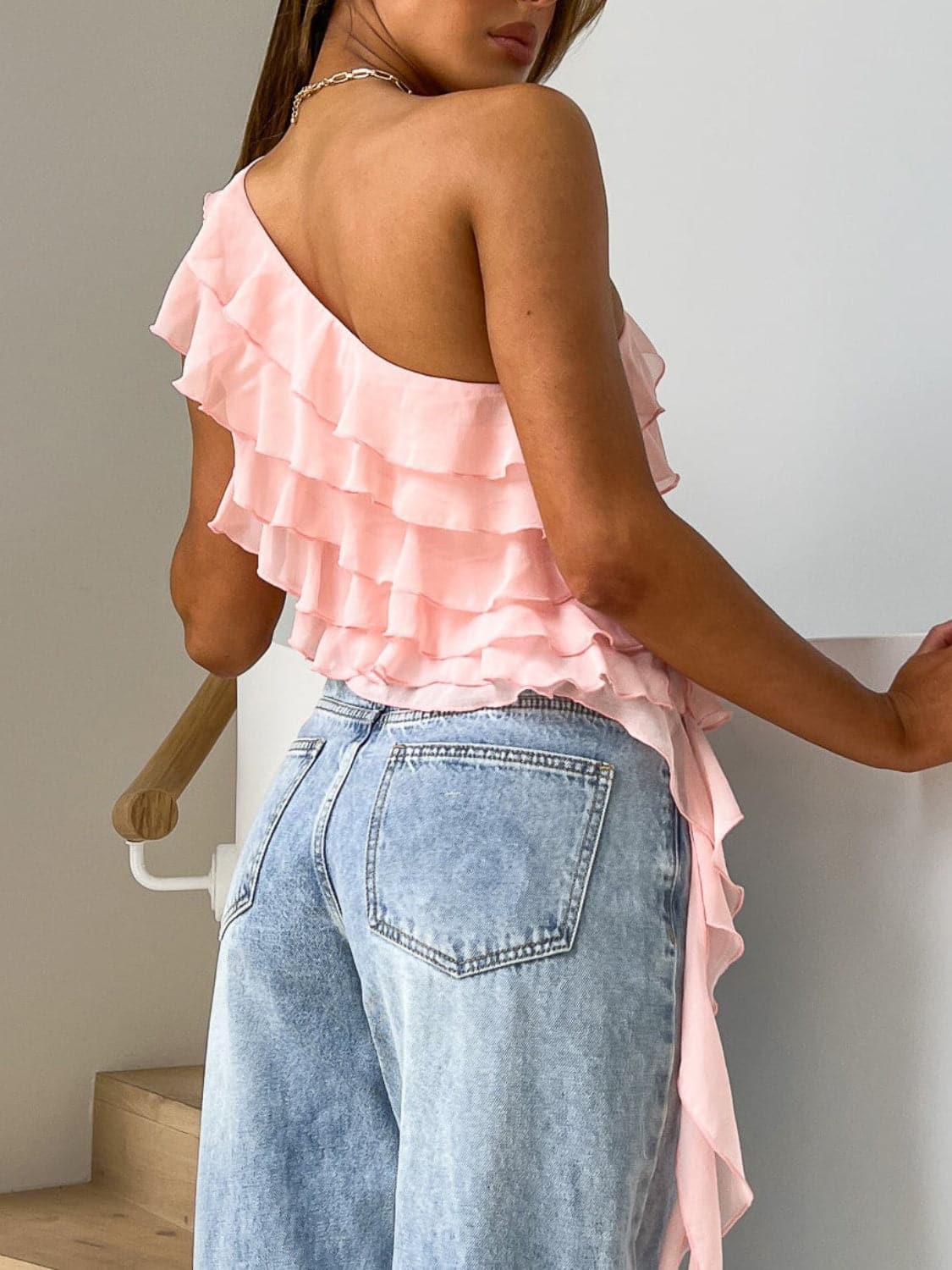 Layered Ruffled One Shoulder Tank.