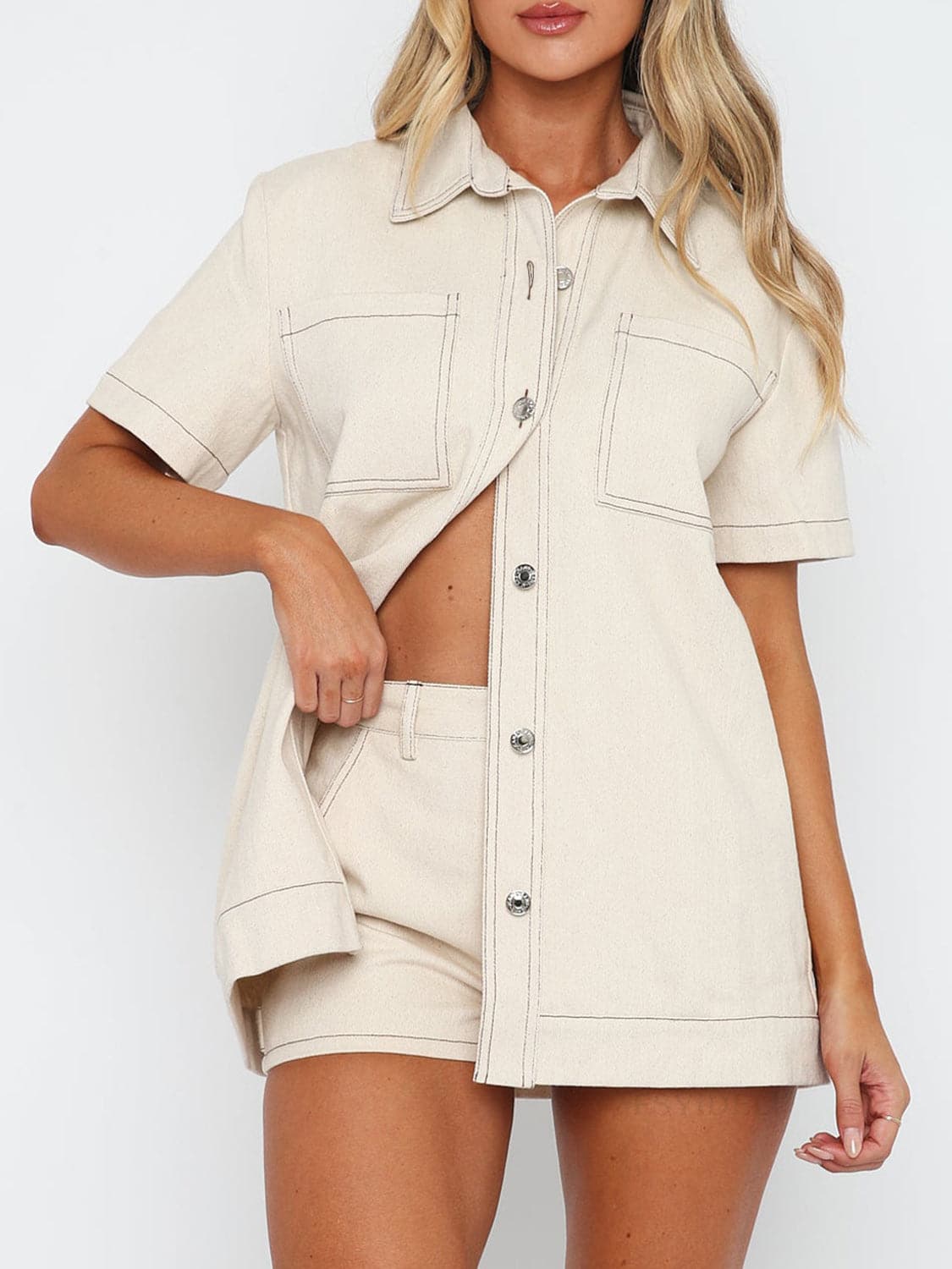 Pocketed Button Up Top and Shorts Set.