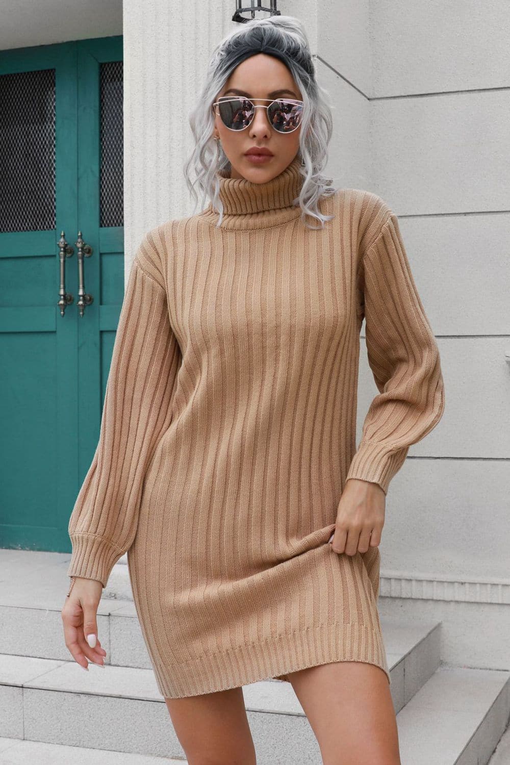 Ribbed Turtle Neck Long Sleeve Mini Sweater Dress.