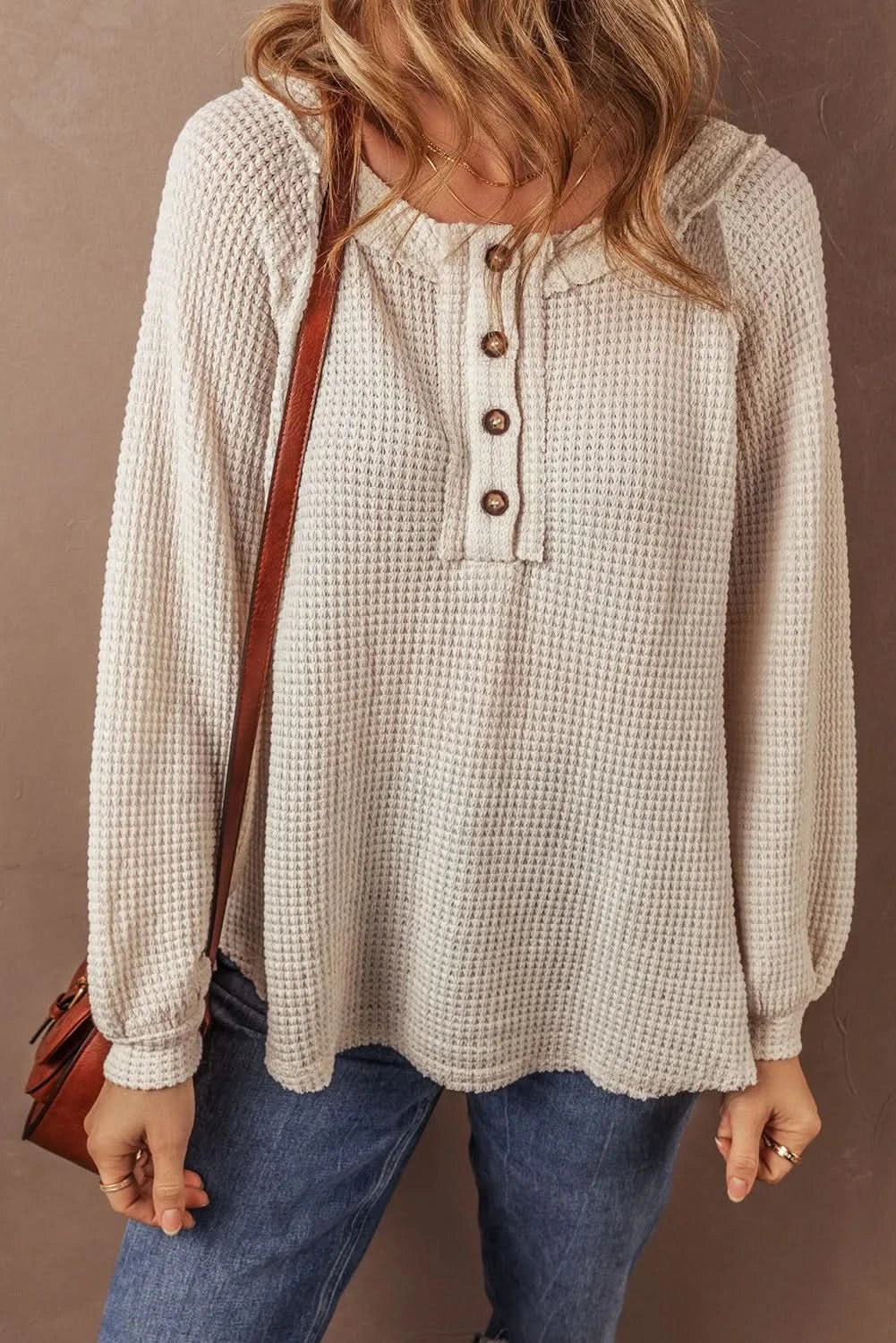 Waffle-Knit Long Sleeve Half Button Top with Round Neck