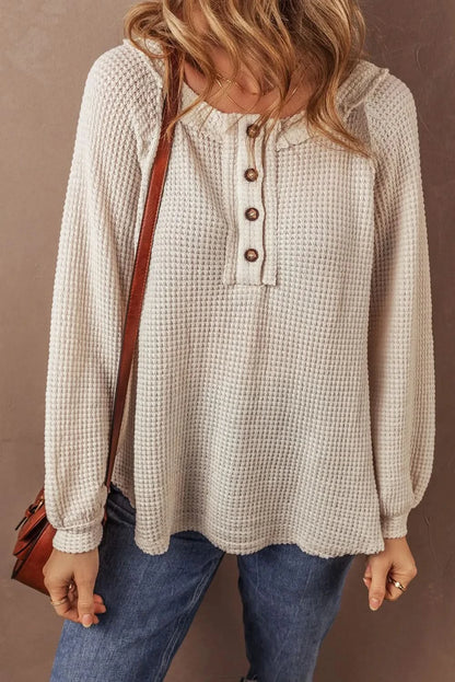 Waffle-Knit Long Sleeve Half Button Top with Round Neck