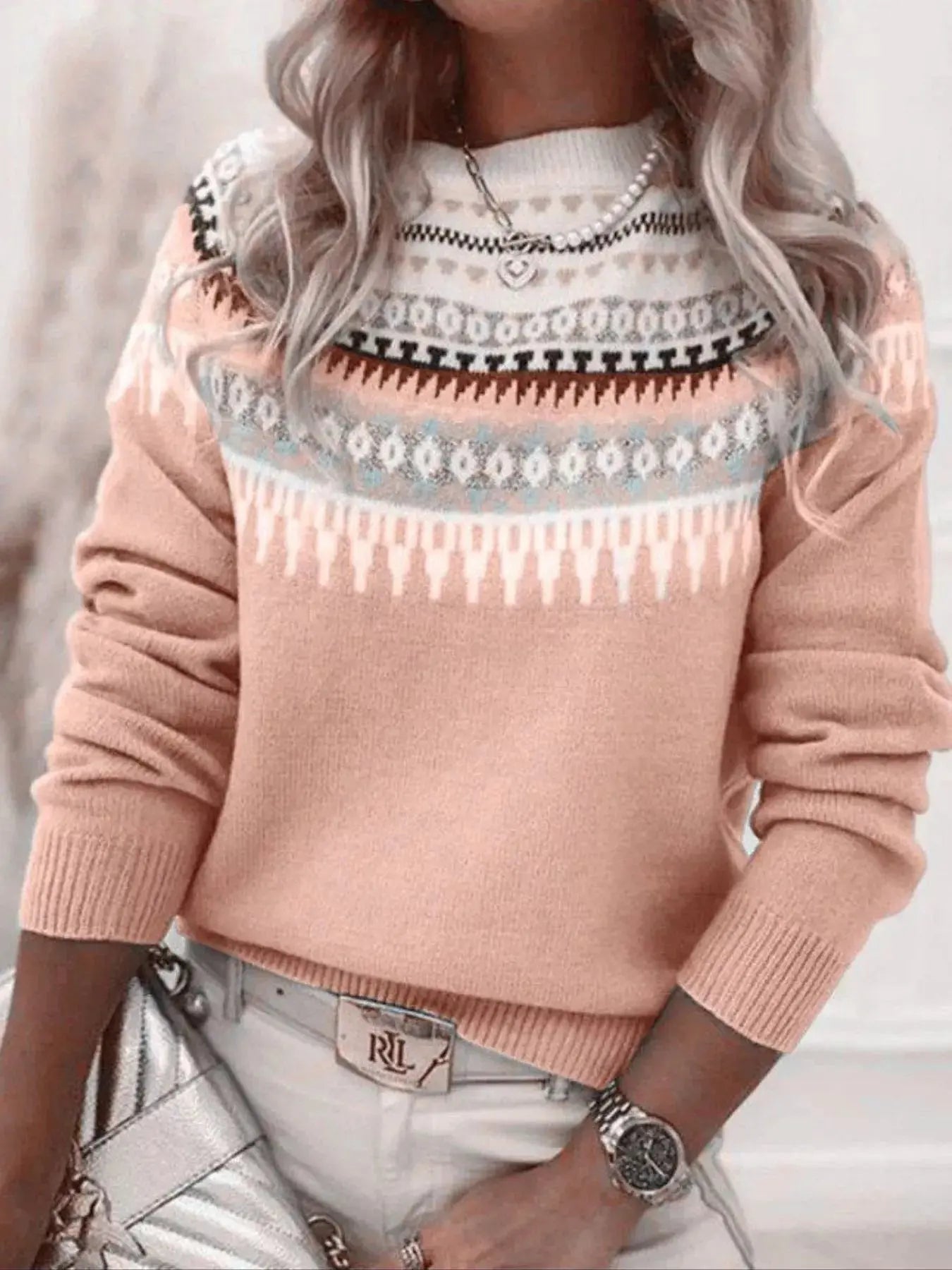Full Size Vintage Patterned Round Neck Sweater Plus Size Simply Love