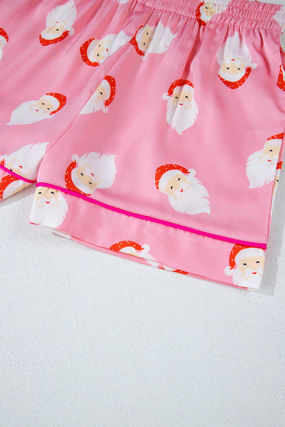 Festive pink satin Santa Claus loungewear set with shorts and long sleeves