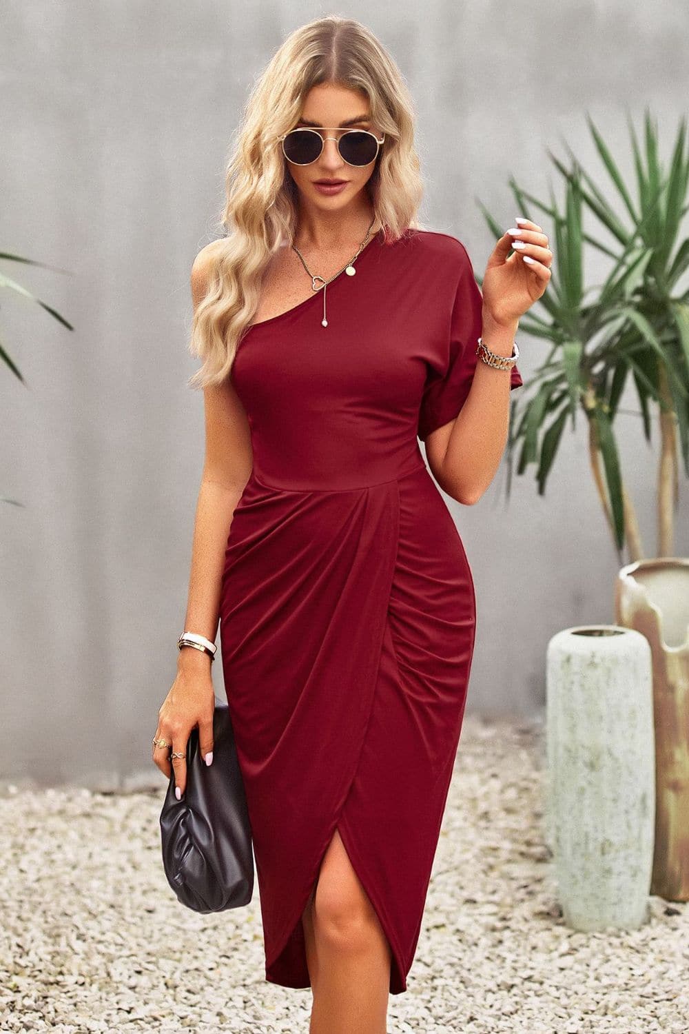 Ruched One-Shoulder Tulip Hem Dress.