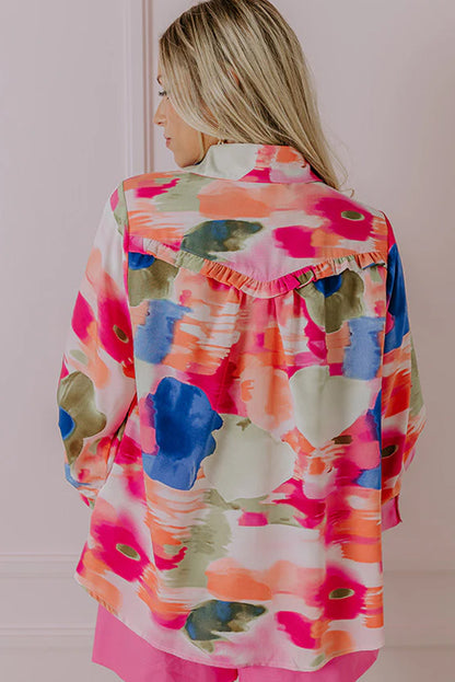 Chic rose-print ruffled puff sleeve blouse