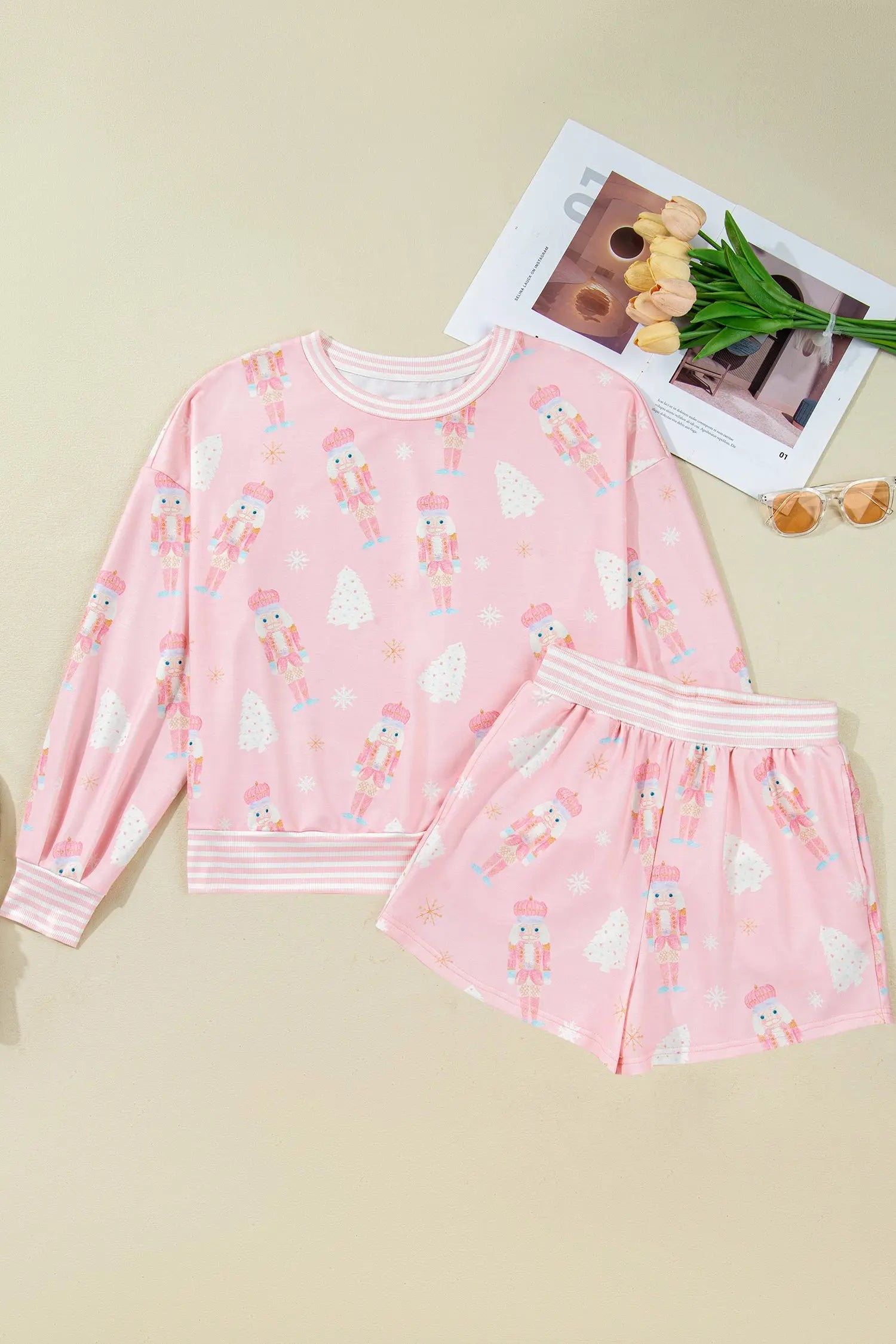 Pink Christmas Tree Nutcracker Doll Print Contrast Trim Sleeve Top Shorts Set Dear-Lover Dropshipping